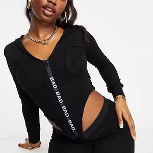 Bad Society Club Long Sleeve Logo Zip Detail Corset Hoodie Sz M In Black/White